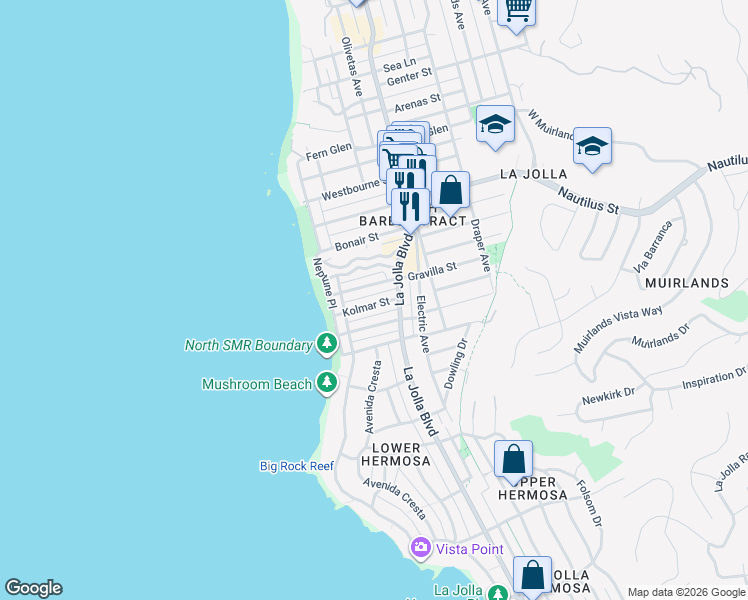 map of restaurants, bars, coffee shops, grocery stores, and more near 330 Kolmar Street in San Diego