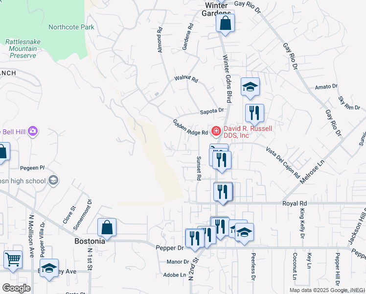 map of restaurants, bars, coffee shops, grocery stores, and more near 11814 Altadena Road in Lakeside