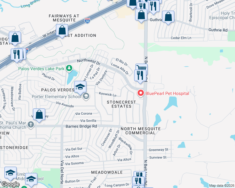 map of restaurants, bars, coffee shops, grocery stores, and more near 233 Keswick Lane in Mesquite