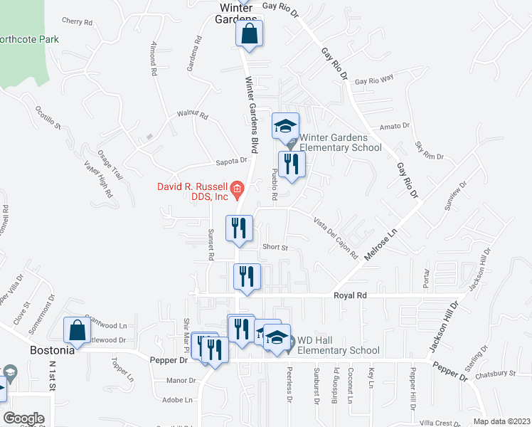 map of restaurants, bars, coffee shops, grocery stores, and more near 12067 Winter Gardens Drive in Lakeside