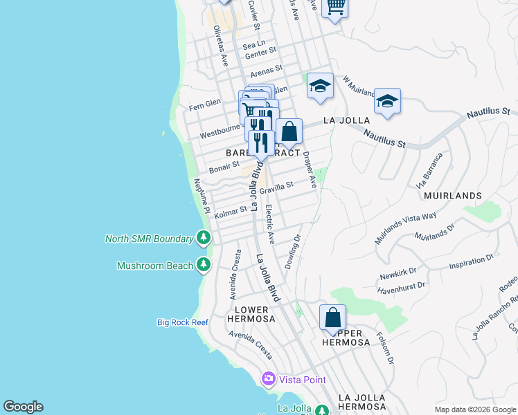 map of restaurants, bars, coffee shops, grocery stores, and more near 6639 La Jolla Boulevard in San Diego
