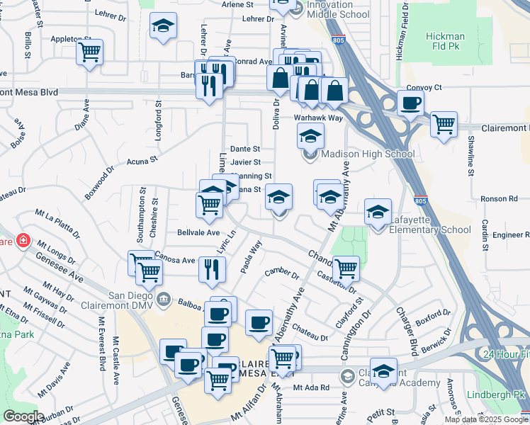 map of restaurants, bars, coffee shops, grocery stores, and more near 4647 Paola Place in San Diego