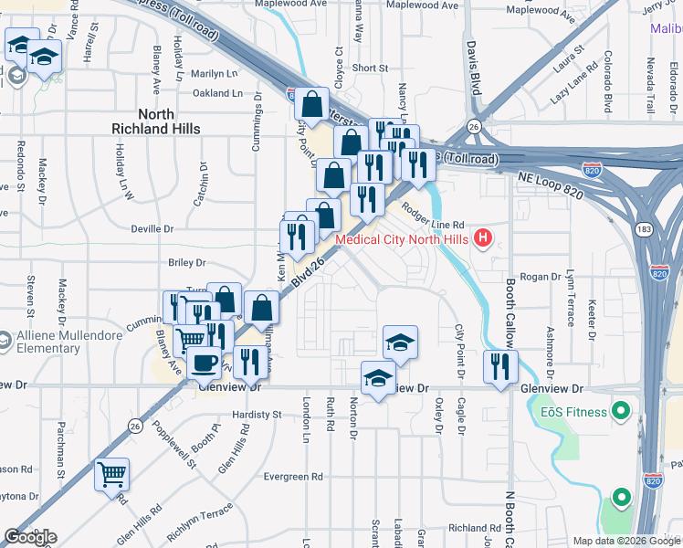 map of restaurants, bars, coffee shops, grocery stores, and more near 4450 City Point Drive in Fort Worth