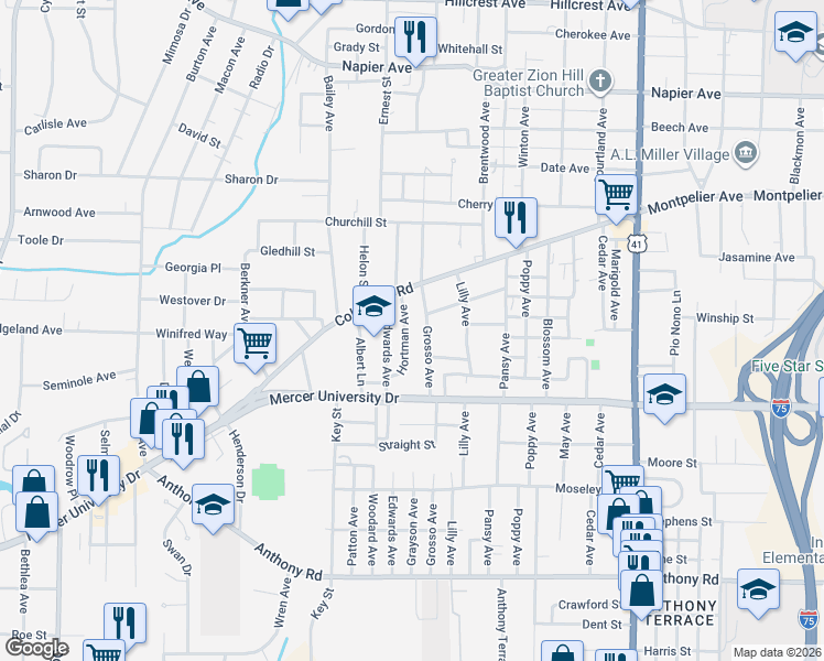 map of restaurants, bars, coffee shops, grocery stores, and more near 330 Hortman Avenue in Macon
