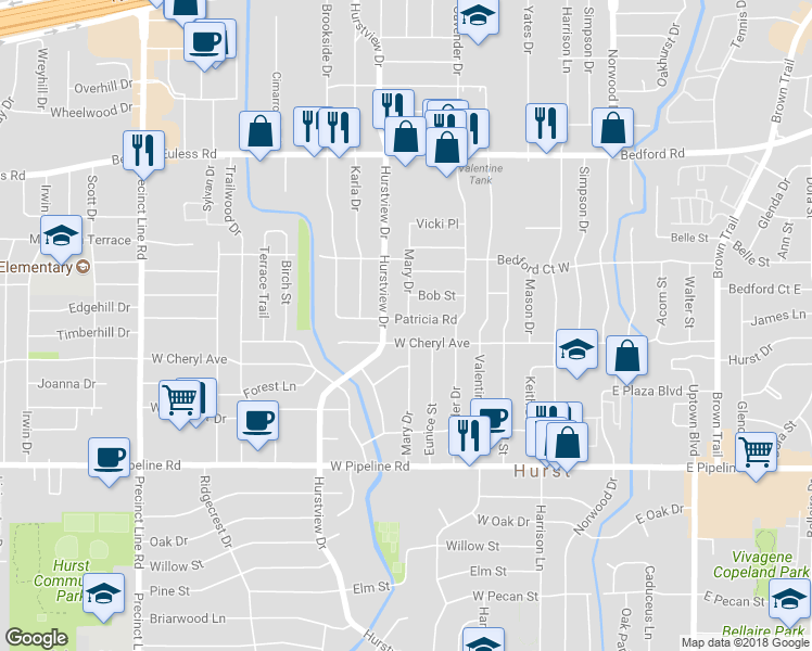 map of restaurants, bars, coffee shops, grocery stores, and more near 505 West Patricia Road in Hurst