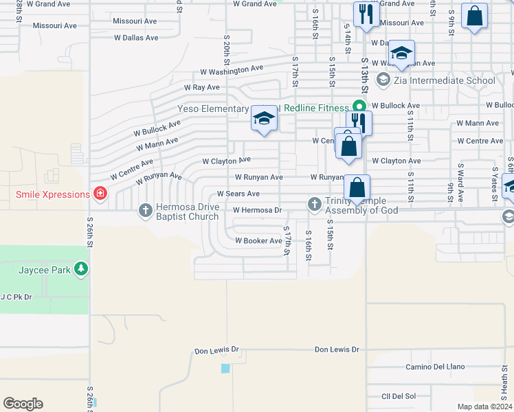 map of restaurants, bars, coffee shops, grocery stores, and more near 1814 West Hermosa Drive in Artesia