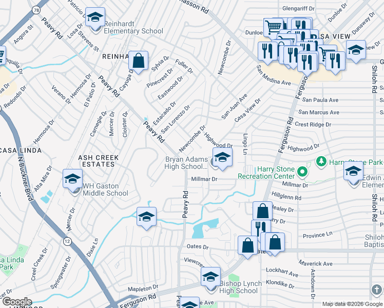 map of restaurants, bars, coffee shops, grocery stores, and more near 10025 Newcombe Drive in Dallas