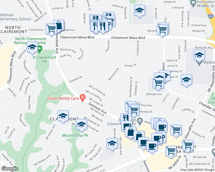 map of restaurants, bars, coffee shops, grocery stores, and more near 4821 Chateau Drive in San Diego