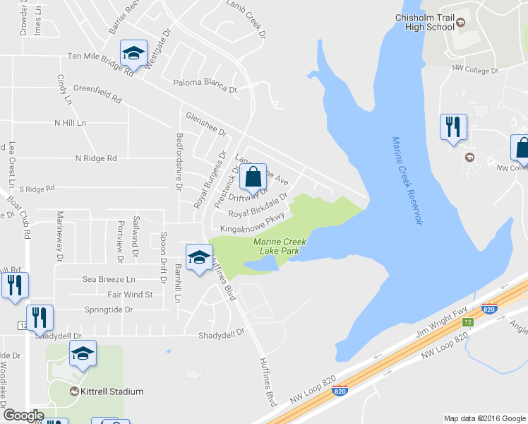 map of restaurants, bars, coffee shops, grocery stores, and more near 5353 Royal Birkdale Drive in Fort Worth