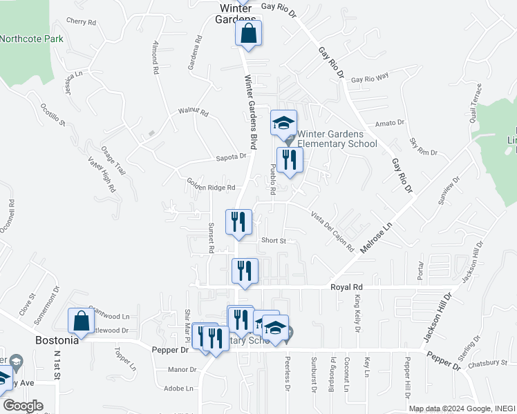 map of restaurants, bars, coffee shops, grocery stores, and more near 12049 Winter Gardens Drive in Lakeside