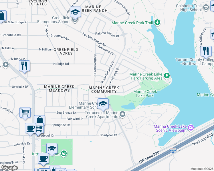 map of restaurants, bars, coffee shops, grocery stores, and more near 4929 Prestwick Drive in Fort Worth
