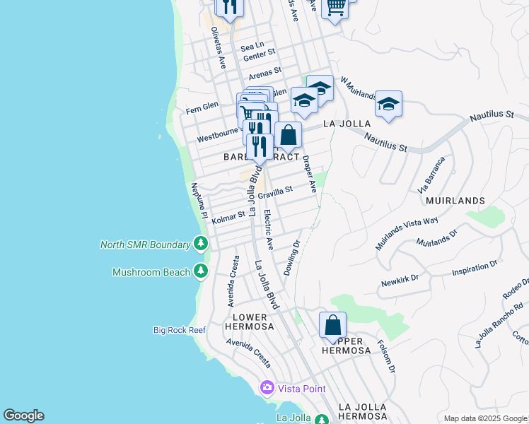 map of restaurants, bars, coffee shops, grocery stores, and more near 6636 Electric Avenue in San Diego
