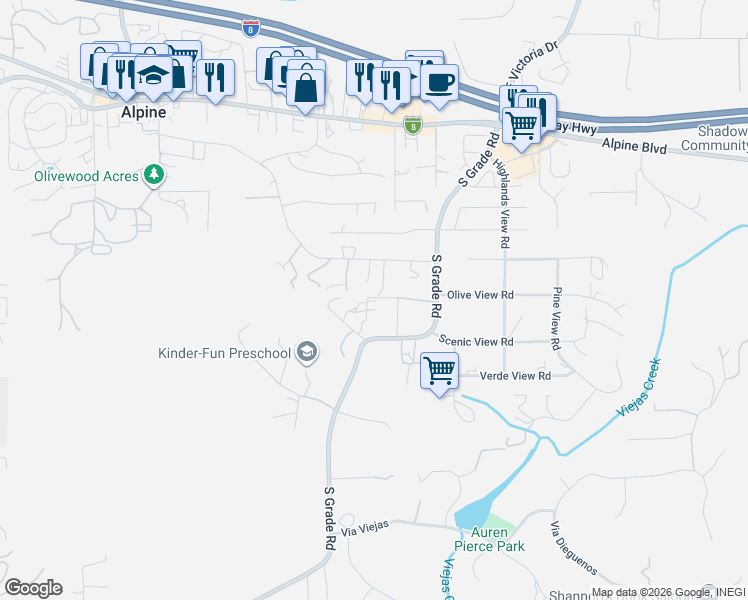 map of restaurants, bars, coffee shops, grocery stores, and more near 2667 Eltinge Drive in Alpine