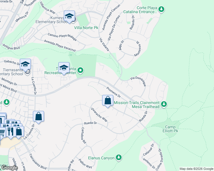 map of restaurants, bars, coffee shops, grocery stores, and more near 11012 Promesa Drive in San Diego