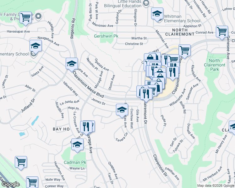 map of restaurants, bars, coffee shops, grocery stores, and more near 3521 Moccasin Avenue in San Diego