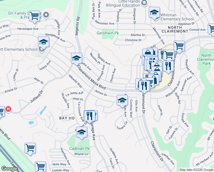 map of restaurants, bars, coffee shops, grocery stores, and more near 3442 Luna Avenue in San Diego