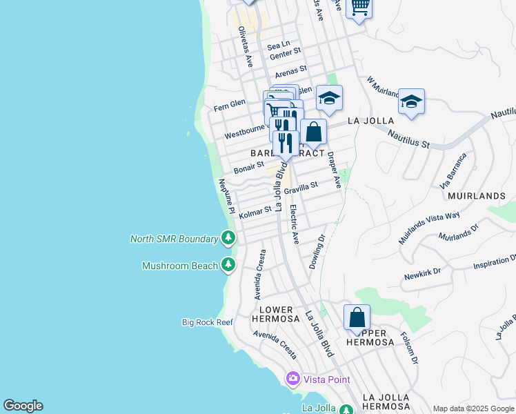 map of restaurants, bars, coffee shops, grocery stores, and more near 257 Playa Del Sur Street in San Diego