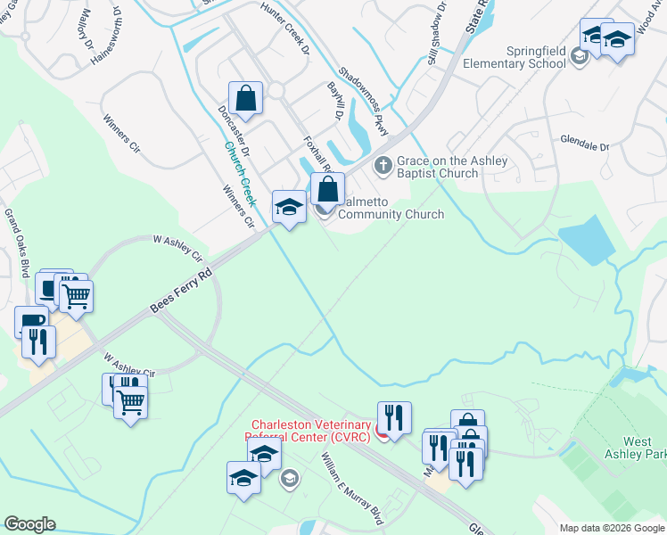 map of restaurants, bars, coffee shops, grocery stores, and more near 1945 Bees Ferry Road in Charleston