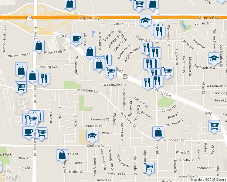 map of restaurants, bars, coffee shops, grocery stores, and more near 2654 West Grauwyler Road in Irving