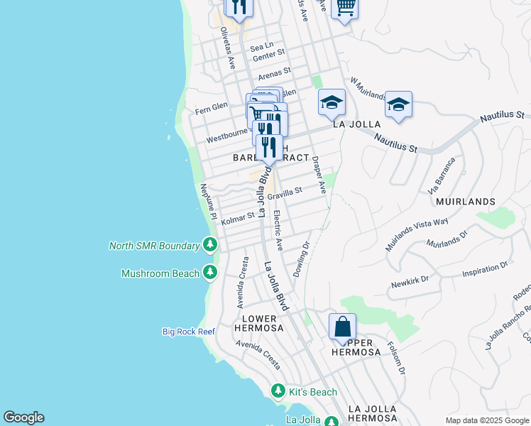 map of restaurants, bars, coffee shops, grocery stores, and more near 6639 La Jolla Boulevard in San Diego