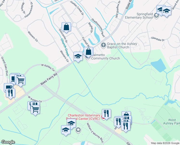 map of restaurants, bars, coffee shops, grocery stores, and more near 1945 Bees Ferry Road in Charleston