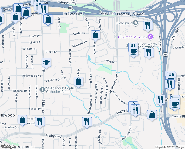 map of restaurants, bars, coffee shops, grocery stores, and more near 613 Dickey Drive in Euless