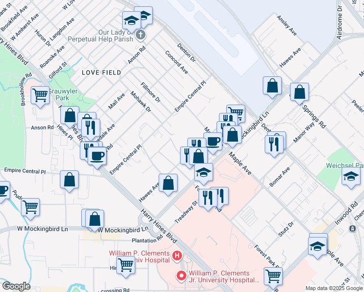 map of restaurants, bars, coffee shops, grocery stores, and more near 2213 Bluestar Lane in Dallas