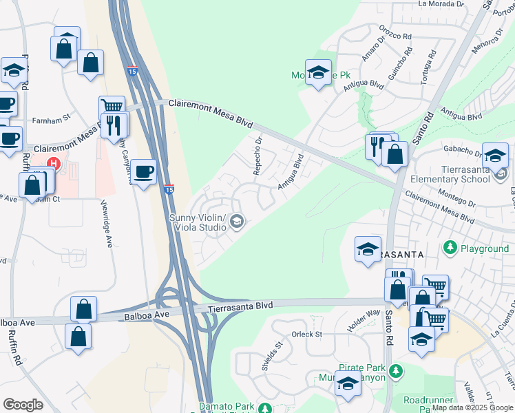 map of restaurants, bars, coffee shops, grocery stores, and more near 5244 Edge Park Way in San Diego