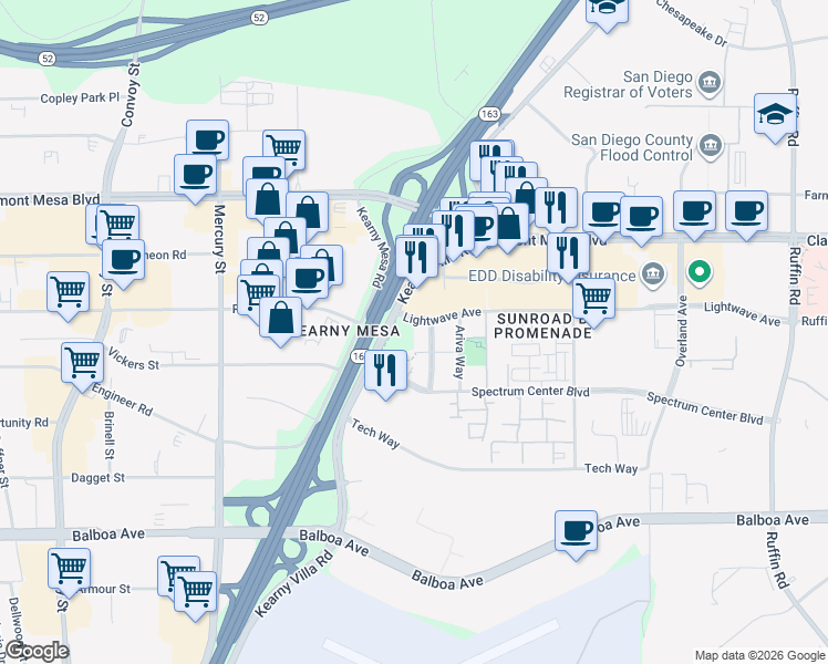 map of restaurants, bars, coffee shops, grocery stores, and more near 4890 Sunroad Centrum Lane in San Diego