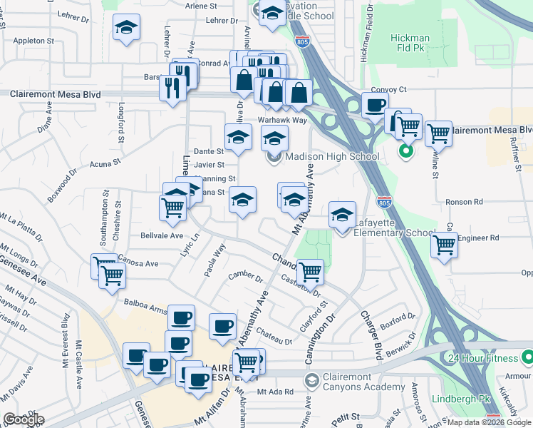 map of restaurants, bars, coffee shops, grocery stores, and more near 5606 Printwood Way in San Diego