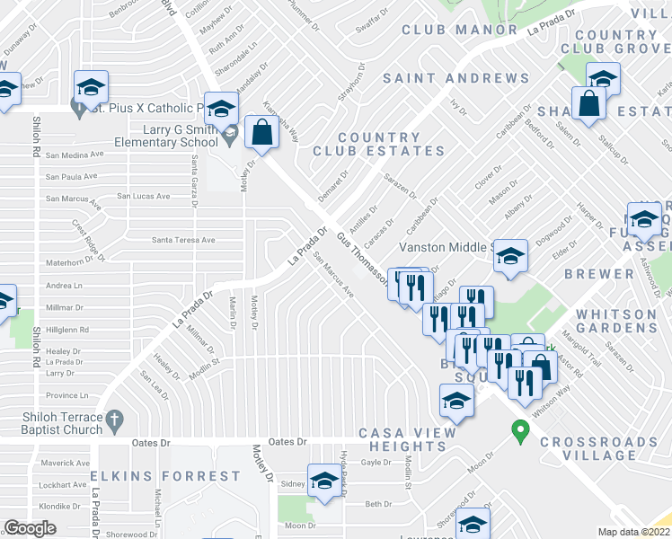 map of restaurants, bars, coffee shops, grocery stores, and more near 4730 San Marcus Drive in Mesquite