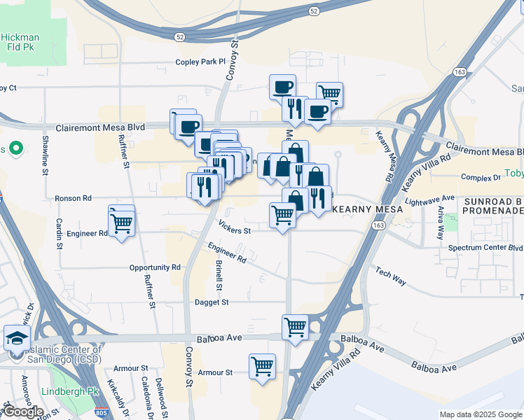 map of restaurants, bars, coffee shops, grocery stores, and more near 7925 Ronson Road in San Diego