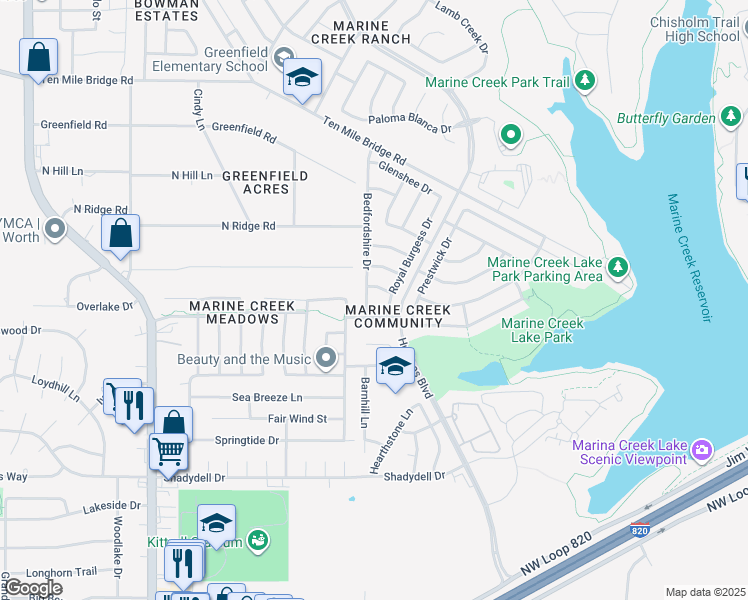 map of restaurants, bars, coffee shops, grocery stores, and more near 5012 Bedfordshire Drive in Fort Worth