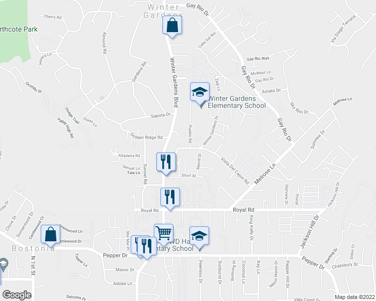 map of restaurants, bars, coffee shops, grocery stores, and more near 12079 Winter Gardens Drive in Lakeside