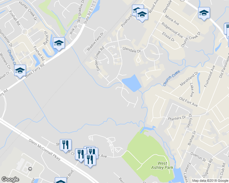 map of restaurants, bars, coffee shops, grocery stores, and more near 2047 Wadsbury Lane in Charleston
