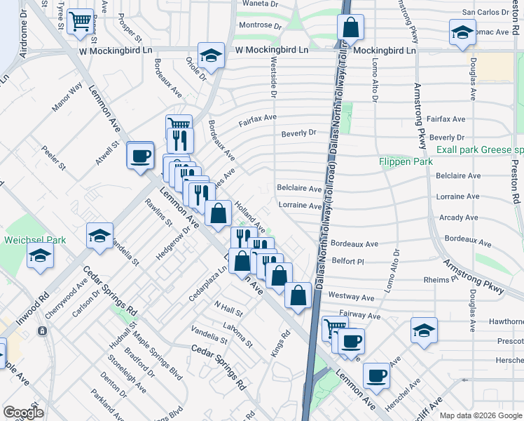 map of restaurants, bars, coffee shops, grocery stores, and more near 3718 Dorothy Avenue in Dallas