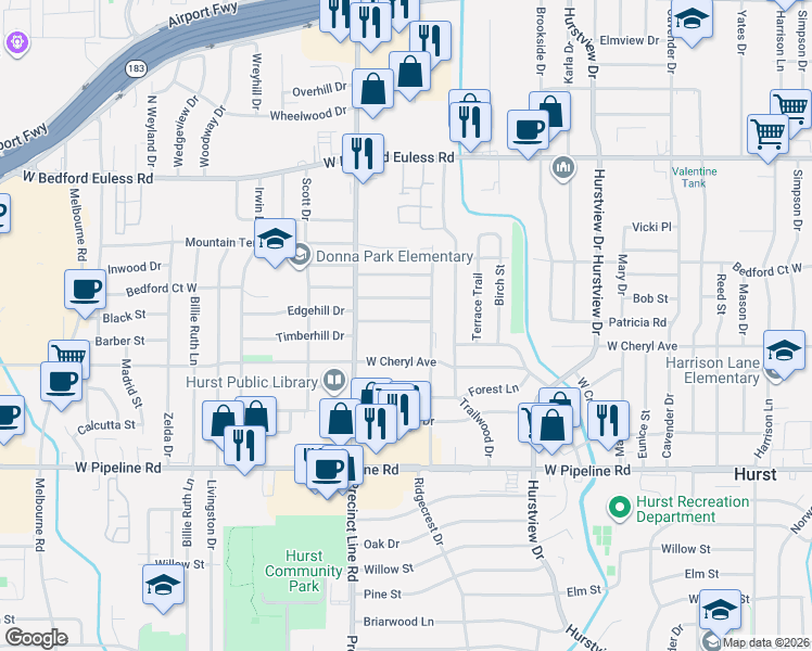 map of restaurants, bars, coffee shops, grocery stores, and more near 721 Edgehill Drive in Hurst