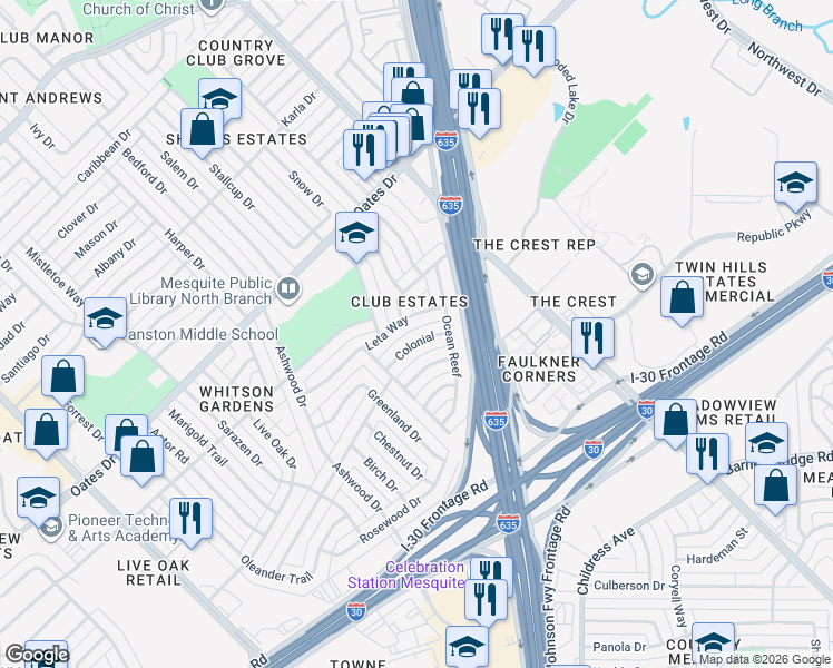 map of restaurants, bars, coffee shops, grocery stores, and more near 2321 Colonial in Mesquite