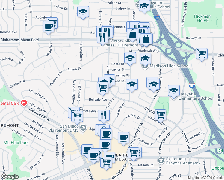 map of restaurants, bars, coffee shops, grocery stores, and more near 4679 Limerick Avenue in San Diego