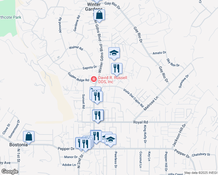 map of restaurants, bars, coffee shops, grocery stores, and more near 12106 Winter Gardens Drive in Lakeside
