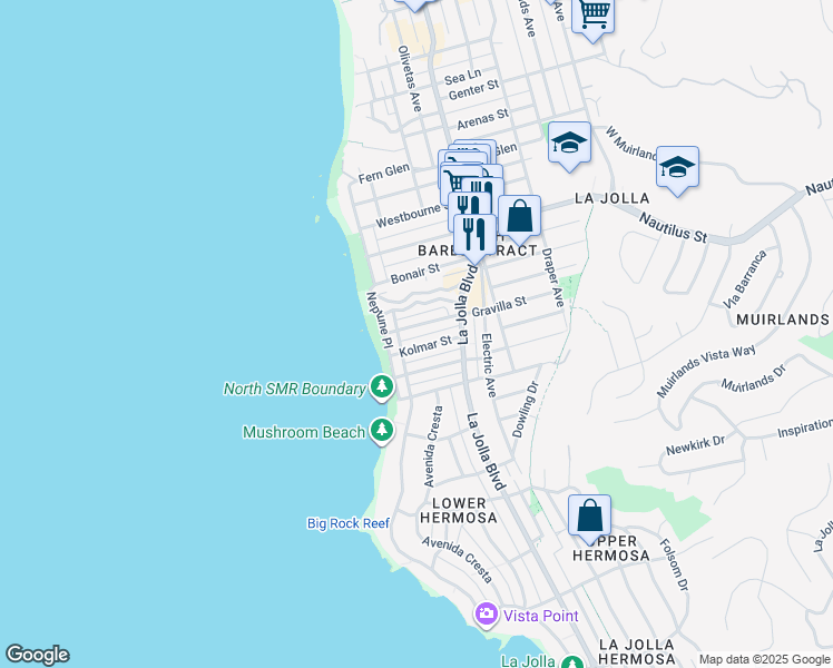 map of restaurants, bars, coffee shops, grocery stores, and more near 257 Playa Del Sur Street in San Diego