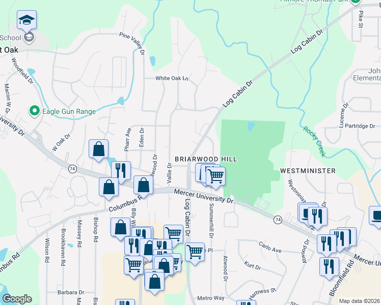 map of restaurants, bars, coffee shops, grocery stores, and more near 4178 Log Cabin Drive in Macon