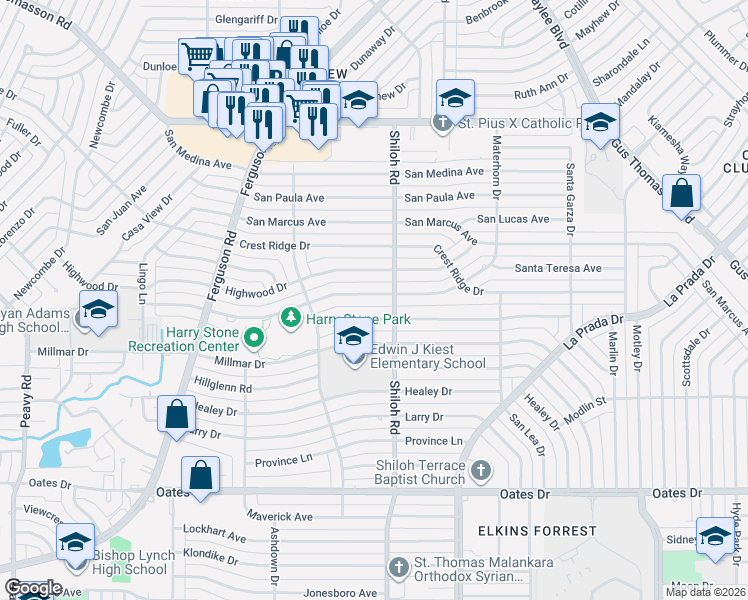 map of restaurants, bars, coffee shops, grocery stores, and more near 2633 Materhorn Drive in Dallas