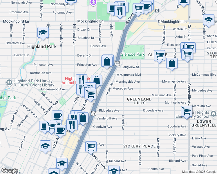 map of restaurants, bars, coffee shops, grocery stores, and more near 3323 Homer Street in Dallas