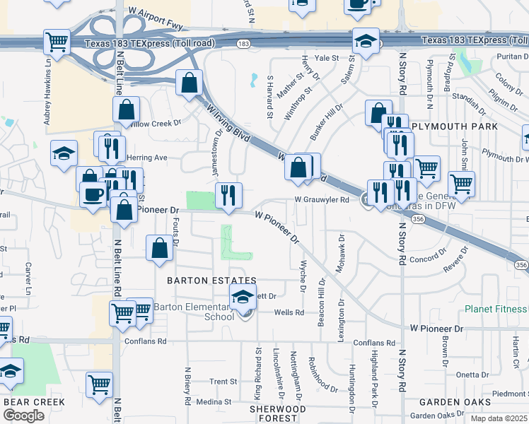 map of restaurants, bars, coffee shops, grocery stores, and more near 2835 West Grauwyler Road in Irving