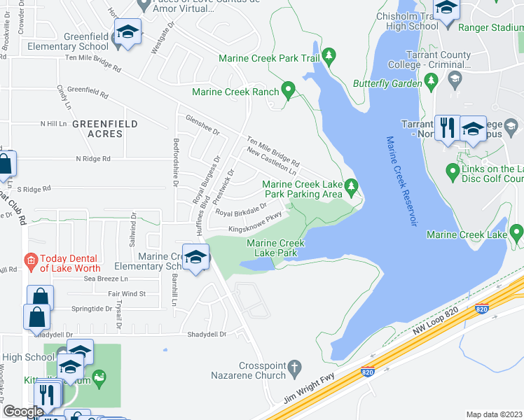 map of restaurants, bars, coffee shops, grocery stores, and more near 5349 Royal Birkdale Drive in Fort Worth