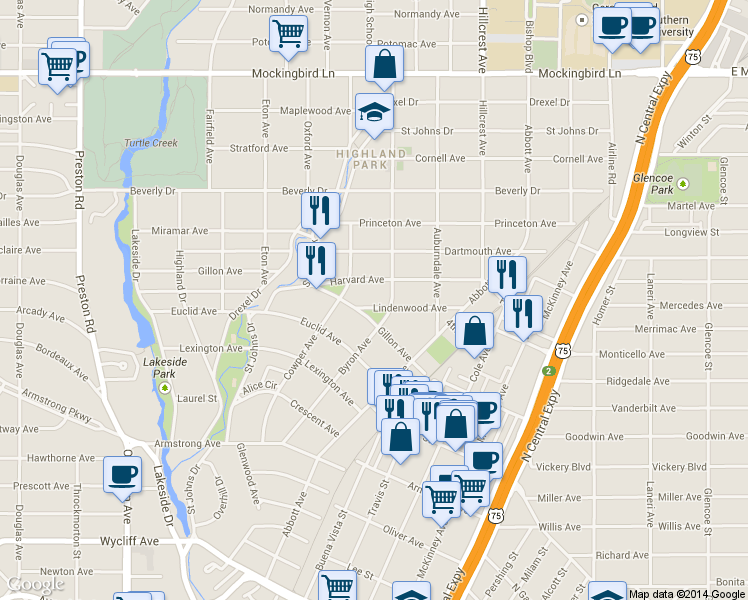map of restaurants, bars, coffee shops, grocery stores, and more near 3608 Lindenwood Avenue in Dallas