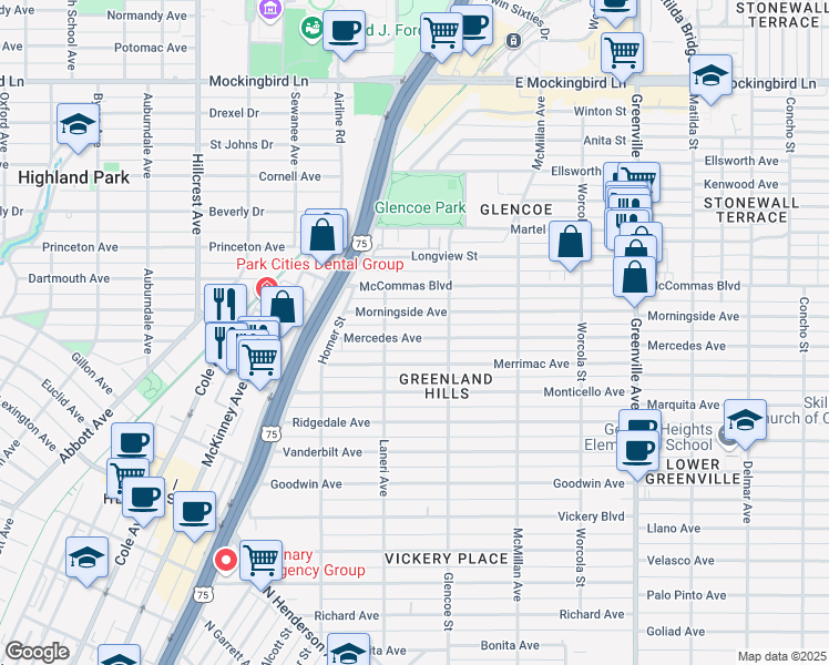 map of restaurants, bars, coffee shops, grocery stores, and more near 5323 Mercedes Avenue in Dallas