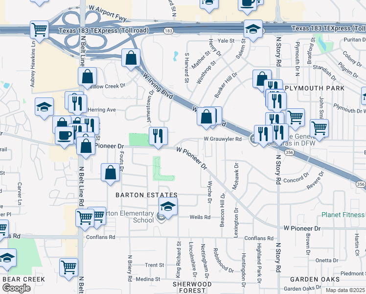 map of restaurants, bars, coffee shops, grocery stores, and more near 2871 West Pioneer Drive in Irving