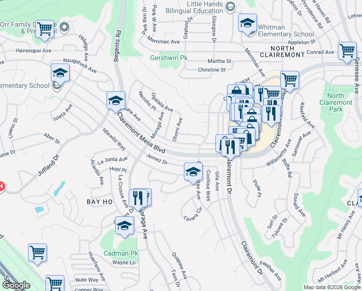 map of restaurants, bars, coffee shops, grocery stores, and more near 3521 Moccasin Avenue in San Diego